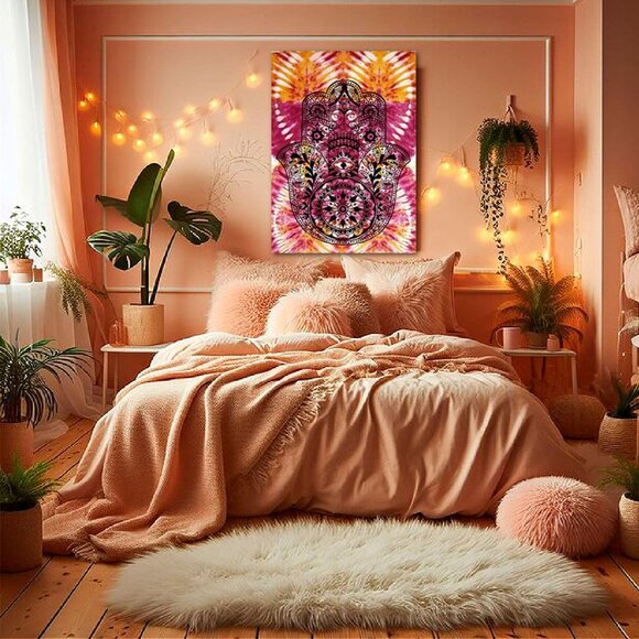 Hamsa Hand Mandela Print Orange Pink Tie Dye Effect Cotton Wall Tapestry Boho - Picture 1 of 3